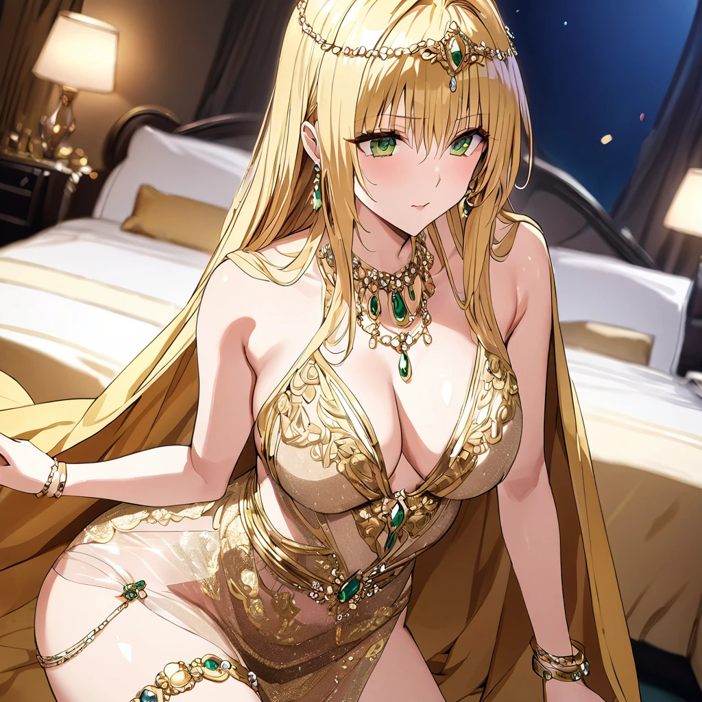 ((Highest quality)), ((masterpiece)), (detailed), （Perfect Face）、The woman was a thief with green eyes and medium-long blonde hair. She was wearing a luxurious, shiny, luxurious, gold-colored, long-slit, see-through dress with gold embroidery and trim, and a gold-colored see-through cape.、She is wearing a jeweled head chain, jeweled waist chain, gorgeous necklace, bracelets, ankle bracelets, jeweled earrings, shiny gold boots, and an engagement ring.、The woman is in a luxurious room.