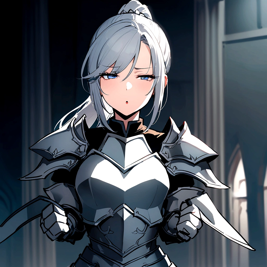 Beautiful girl knight in armor, Gray Hair, tsurime, fantastic, Face your body forward like a certificate photo, shoot from front, Ponytail, Armor Girl, beautiful female knight, Female Paladin, pale blue eyes, narrowed eyes squint, Talking mouth, upper body shot, drawing both arms