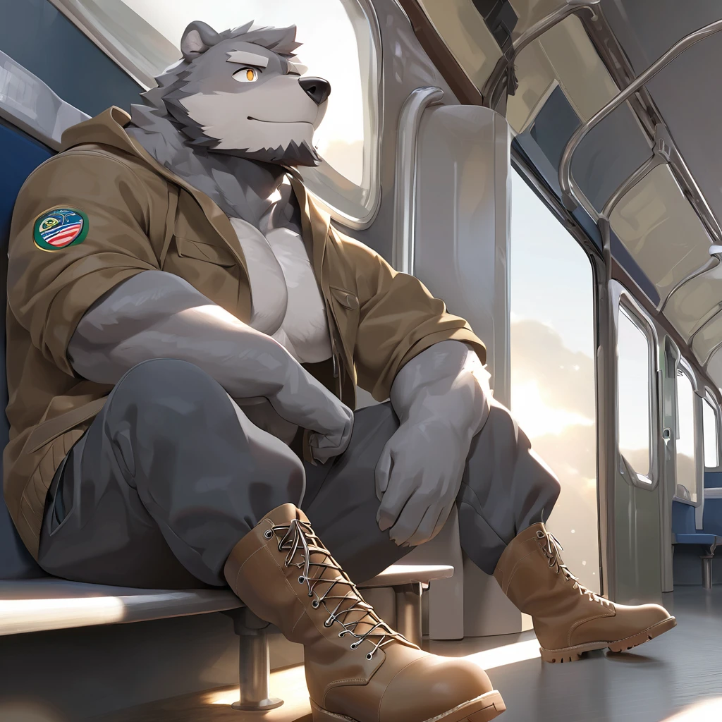 (masterpiece:1.2), best quality,pixiv,official art,perfect anatomy, (Ray tracing, light),solo, (1_male:1.3) , (muscle), (gray fur:1.4), (muscle bear), (beard:1.2), (gleaming golden eyes), Thick eyebrows, open hoodie, naked inside, cargo pants, (boots:1.2), portrait, (in the empty train :1.3), sitting alone