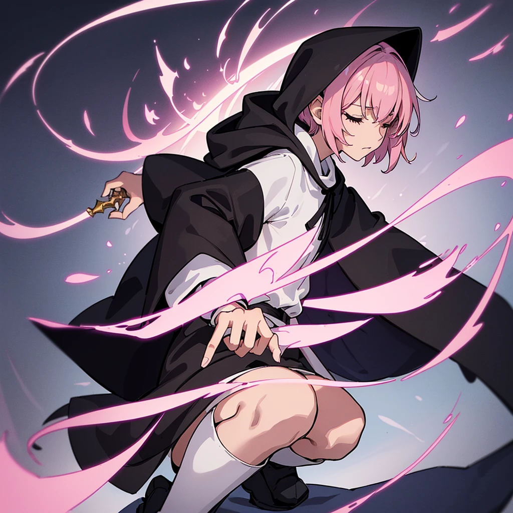 (Full body character concept)、Best illustrations、Best Quality、(Solo、23 years old)、(The same face:1.1),Medieval Fantasy、Magic wand,(White Background)、(Pink Hair、Very Short Hair、Align your bangs)、(Black hood、Long sleeve、Black Robe、pants、Knee-high boots)、(From the side、profile)、Run、(Close your eyes、Close your eyes)、front