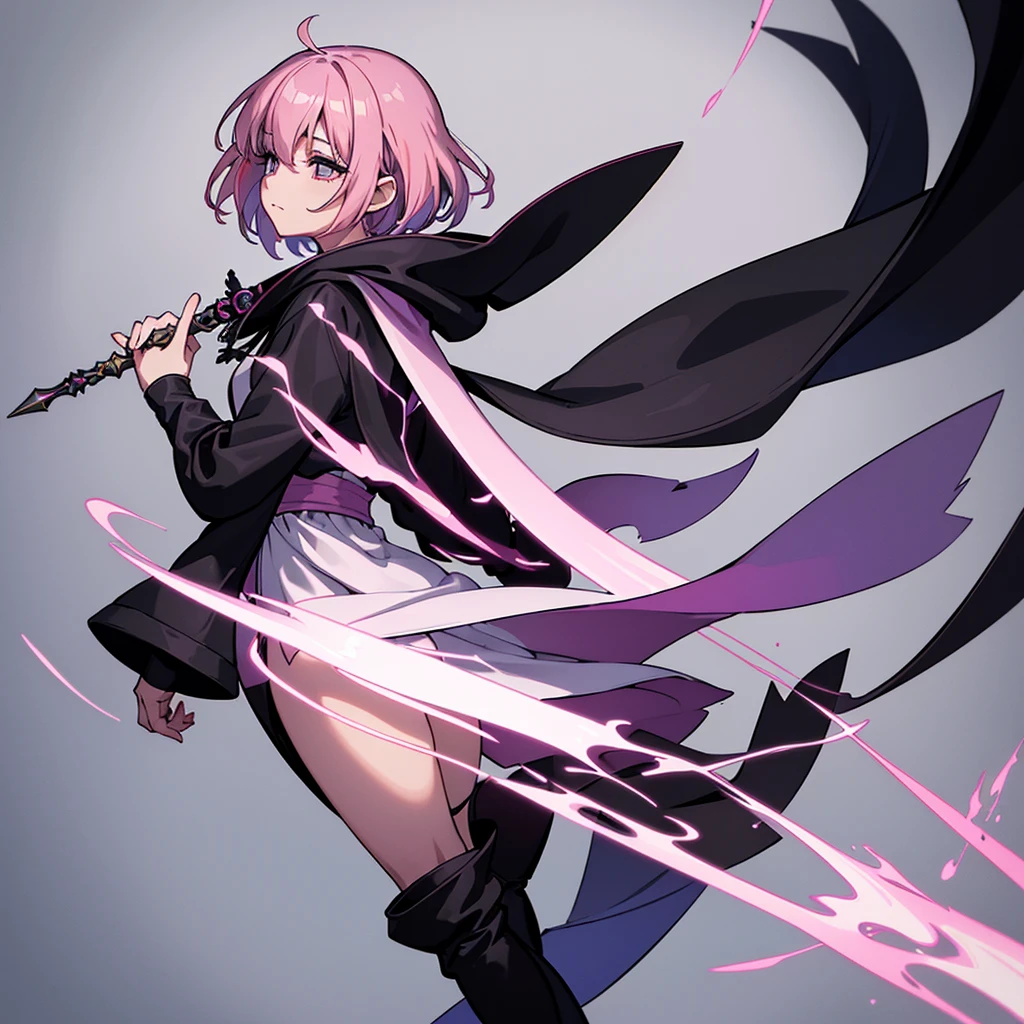 (Full body character concept)、Best illustrations、Best Quality、(Solo、23 years old)、(The same face:1.1),Medieval Fantasy、Magic wand,(White Background)、(Pink Hair、Very Short Hair、Align your bangs)、(Black hood、Long sleeve、Black Robe、pants、Knee-high boots)、(From the side、profile)、Run、(Close your eyes、Close your eyes)、front