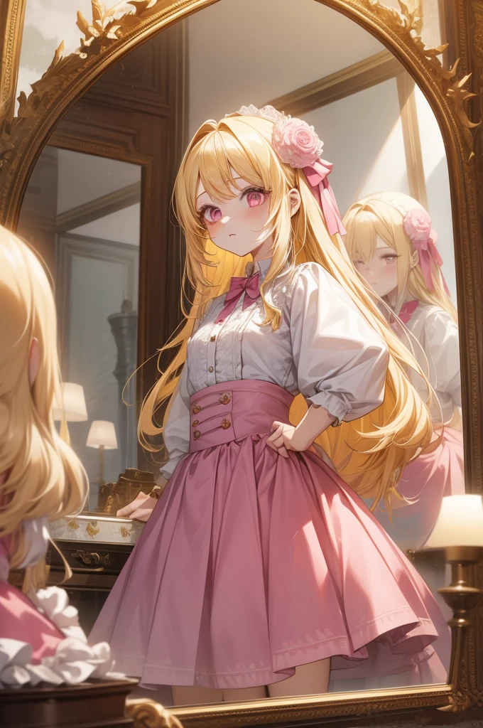 1girl, masterpiece, highquality, yellow hair, pink eyes, long hair, cute outfit, , cute blouse, skirt, cute pose, magazine, long hair, model, mirror, modern fashion