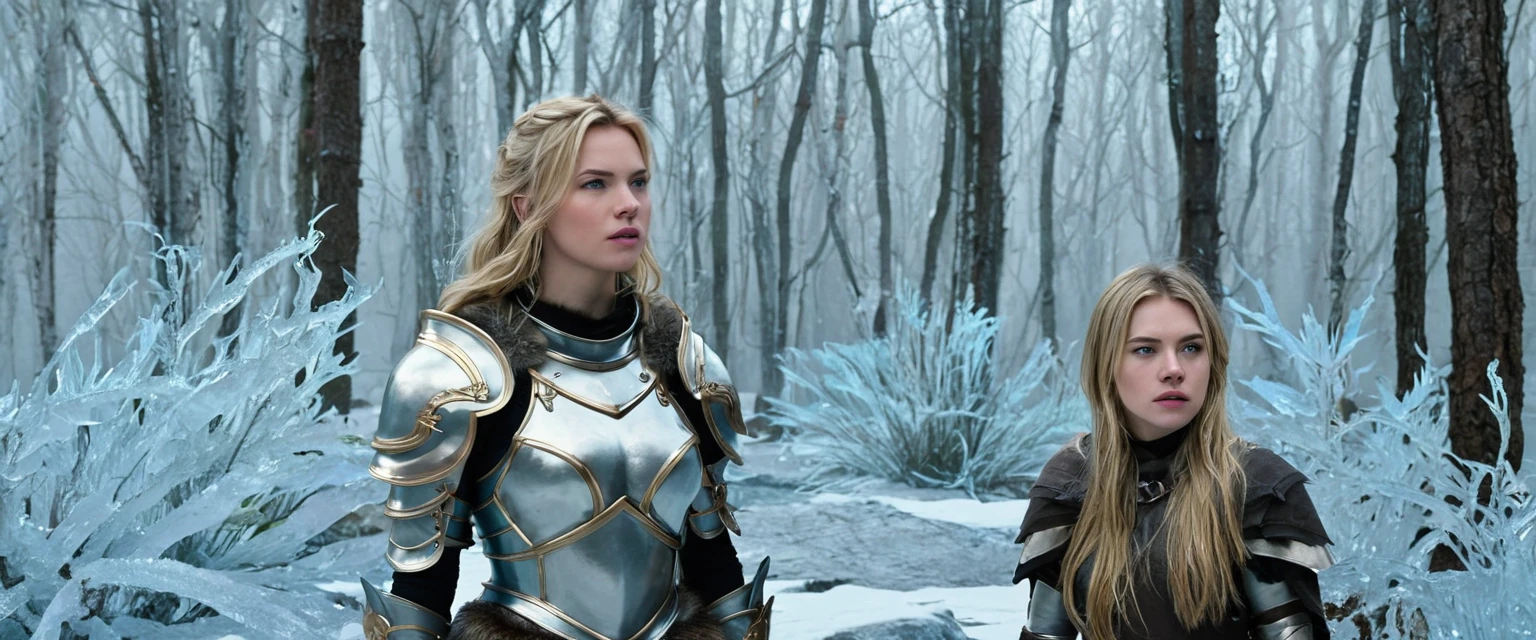 Blonde girl in armor in icy forest,Next to it is a large brown wolf in armor