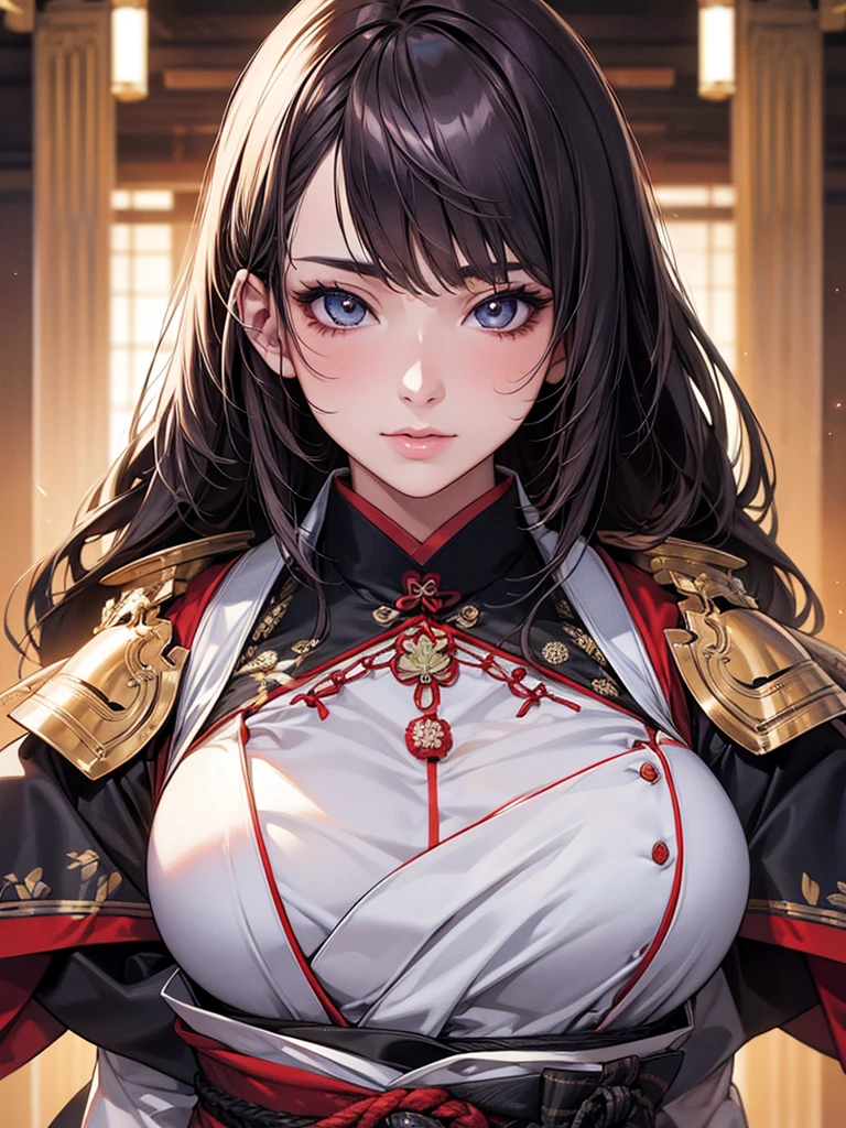 Highest quality, Ultra-high resolution, (Realistic: 1.4), Super beautiful, beautiful, Warrior, Japanese style Eyes that invite the viewer, Mistress's point of view, Attractive look, Sexy smile, Perfect Style, Perfect balance, Detailed skin full body shot, Mischievous Gaze, (Black Hair、ponytail:1.4), Droopy eyes、Japanese sword