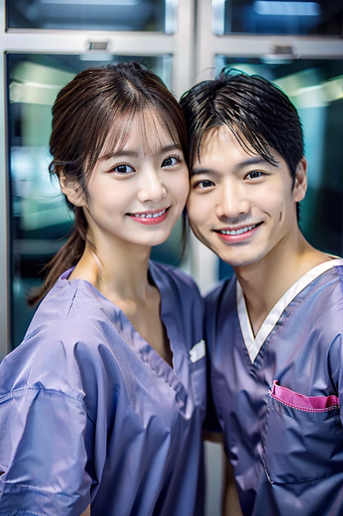 Male dentist and female dental hygienist　２people　A good business partner　日本people　Handsome Men and Beautiful Women　Wearing navy blue medical scrubs　Upper body close-up　high resolution　high resolution　Highest quality　smile