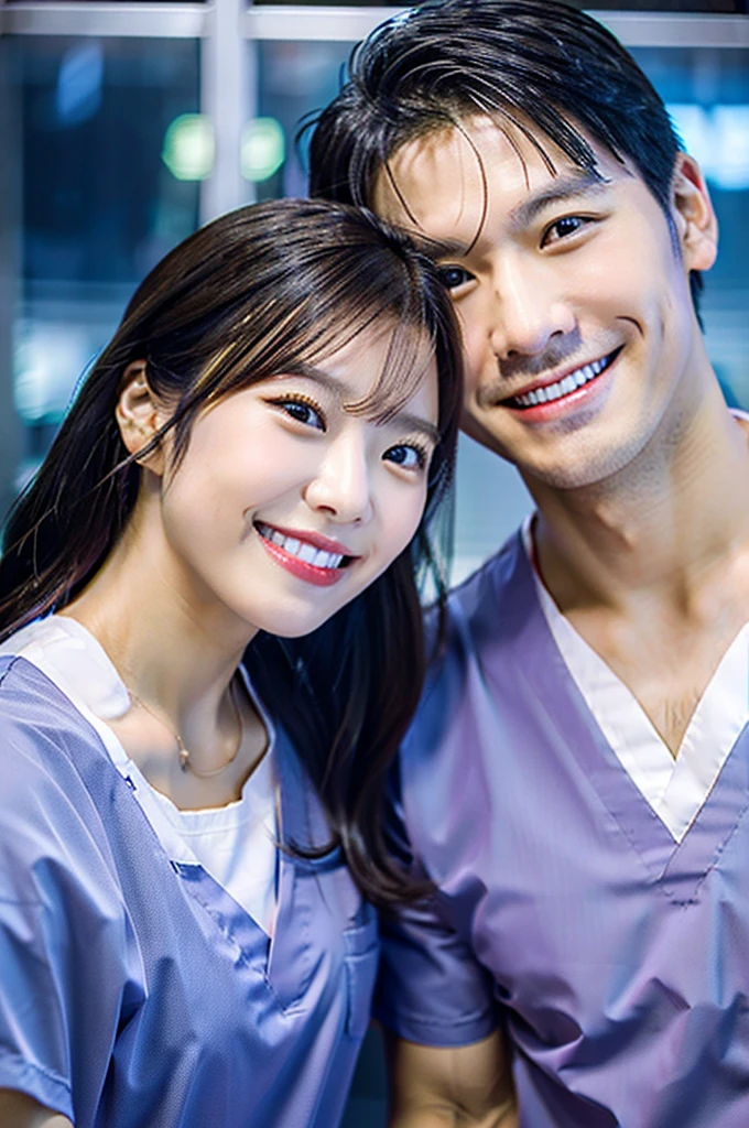 Male dentist and female dental hygienist 2people A good business partner 日本people Handsome Men and Beautiful Women Wearing navy blue medical scrubs Upper body close-up high resolution high resolution Highest quality smile