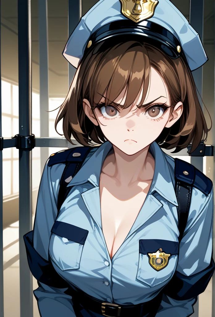 masterpiece, best quality, mature woman, mature face, bob hairstyle, brunette hair, mature face, hot face, sharp eyes, medium breasts, curvy body, hazel eyes, police outfit, looking at viewer, tough appearance, prison cell, jail cell, (looking serious), pissed off face, glaring eyes, angry expression, (chained up, restrained)