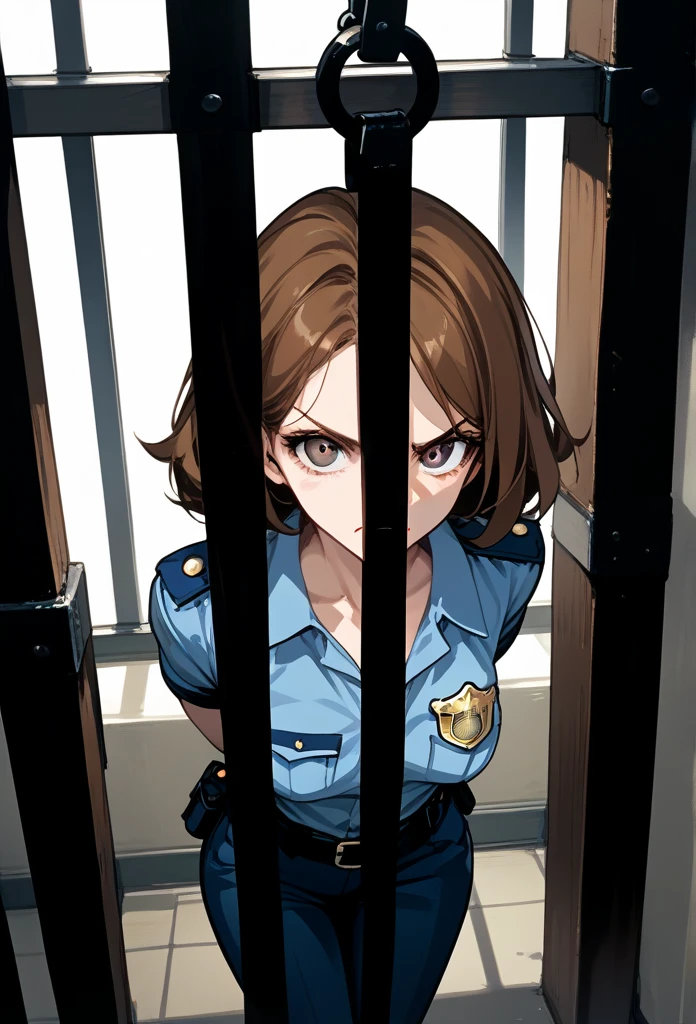 masterpiece, best quality, mature woman, mature face, bob hairstyle, brunette hair, mature face, hot face, sharp eyes, medium breasts, curvy body, hazel eyes, police outfit, looking at viewer, tough appearance, prison cell, jail cell, (looking serious), pissed off face, glaring eyes, angry expression, (chained up, restrained)