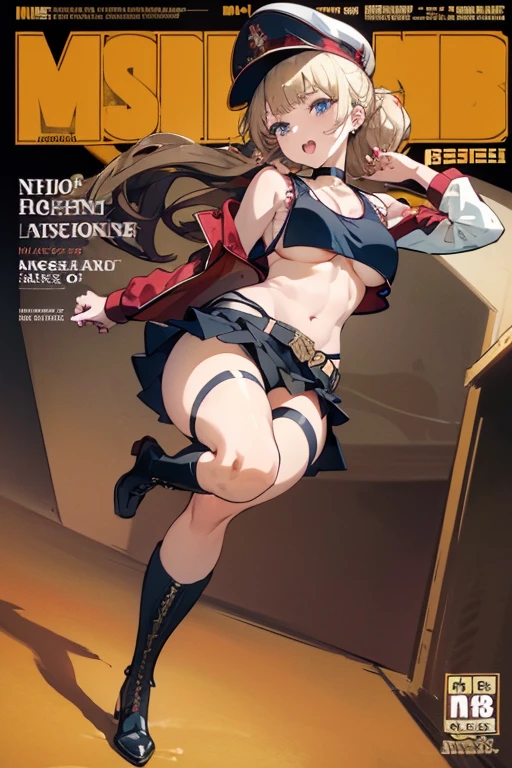 (masterpiece:1.2), (Military uniform magazine cover:1.4),best quality,PIXIV,Sweet girl , sexy posture,1girl, (perky chest:1.2), rolling upskirt by wind:1.6, (with sparkling eyes and a contagious smile),open mouth, (pointed chest:1.2),fishnets, black hair, boots, long hair, black nails, skirt, shirt, black footwear, bag, black skirt, jewelry, jacket,  thigh strap, bangs, necktie, earrings, nail polish, multicolored hair, looking at viewer, full body, bottle, own hands together, belt, jacket on shoulders, food, cats on head, ring, choker, english text, collared shirt, blue eyes, hat, lace-up boots ,masterpiece、highest quality、Very detailed、An illustration、Beautiful fine details、One Girl、cute、Detailed landscape、Training Room Background:1.4、Platinum Blonde Hair、Braided Ponytail、Red camisole、((c cup breasts, Tank top showing underboob:1.4))
