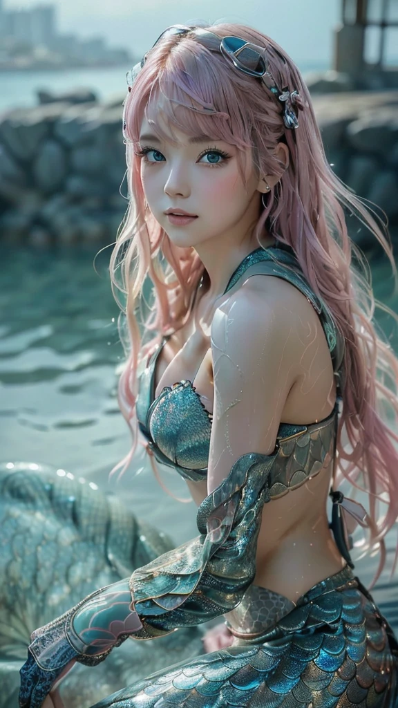 (super realistic photorealistic image:1.5), (cute and beautiful face, pink wavy hair, soft and light blue eyes that exude warmth and tenderness, tight body, covered with fish scales to emphasize her mermaid status, large and graceful fish tail in place of legs, which are also covered with scales and fused with cyberpunk electronics and tubes, elegantly dressed in a revealing kimono with traditional Japanese patterns:1.5) also covered with scales and fused with cyberpunk electronics and tubes, elegantly dressed in a revealing kimono with traditional Japanese patterns: 1.5), (she sits seductively on a rock by the sea: 1.5), and in the background, a distant neo Tokyo cityscape lit by neon lights, lighting, The colors and mood of the scene are powerful and cinematic, with the beautiful seaside scenery and the soft glow of the city lights creating a fantastic atmosphere, the design and details are ultra clear and detailed, emphasizing the mermaid-like appearance with prominent fish tail, shimmering skin scales and cyborg elements, the image is of the highest quality and ultra realistic Photographs of the highest quality
