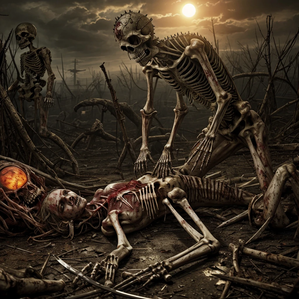 Masterpiece, highest quality, (high detail:1.2), creepy crner, multiple bodies, corpsets, rotten meat, broken bone, bones, skeleton ,rotten skin, zoombie, blood, creepy, death, horror, obscure , shadows, swamp, horrifying creatures body rotten, sharp objects, living death, zoombies, gore, rotten organs, guts, dark macabre, virus, viruses and spores, mutants, mutations, altered DNA, sunset, post-apocalyptic, amputations, trauma, beats, bites, lacerations, hematomas and teratomas, post-apocalyptic background.