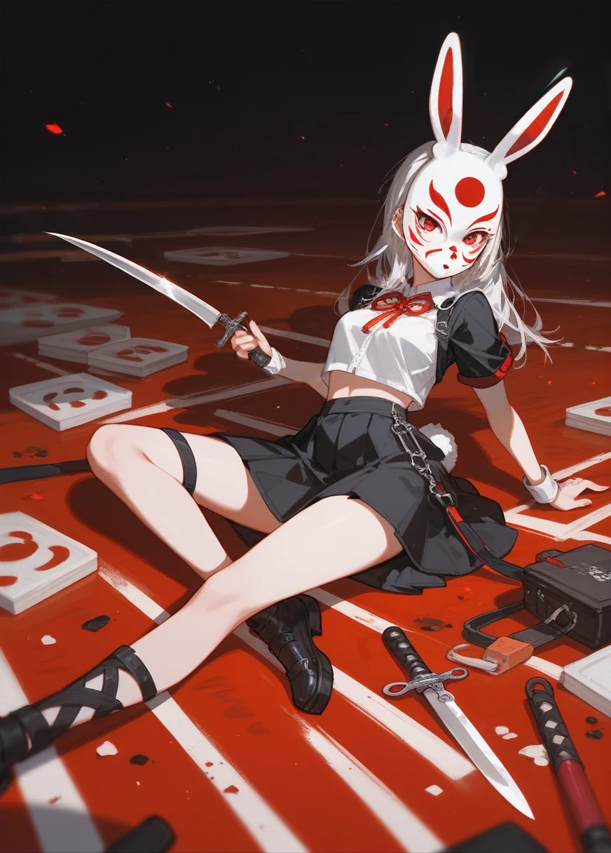 (Fraction_9,Fraction_8_Direction_7_up),1Girl holding a dagger,Girl,Red Eyes,Black skirt,Rabbit mask,There is a dead body on the ground ,