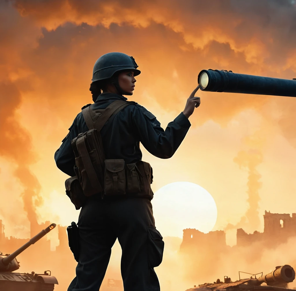 (A female soldier raised her hand to touch something,Background is the ruins of the city,Under the sunset:1.5)painting masterpiece, Extremely detailed, Black White Dark Steel Dark Blue Black Light Brown Dark Brown White Light Orange Dark Red Dark Green, Dramatic Lighting, evening, High contrast, steam, FOG, Israeli soldiers fighting with tanks on the battlefield, Movie Lighting, Aspect ratio of 16:9, steam, 4K, professional ominous Concept Art, author:artgerm and greg rutkowski, complex, elegant, Highly detailed digital painting, Concept Art, Smooth, Clear focus, illustration, Simon Starenhagen's style, Wayne Barlow, 和 igor kieryluk., Acrylic painting, Popular in pixiv Fan Box, Palette knife and brush strokes, Makoto Shinkai's styleJamie WiseJames GirardEdward HopperGreg RutkowskiStudio GhibliGenshin Impact