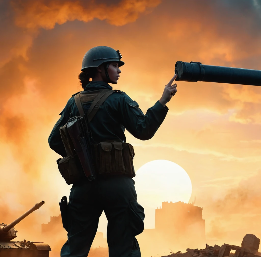 (A female soldier raised her hand to touch something,Background is the ruins of the city,Under the sunset:1.5)painting masterpiece, Extremely detailed, Black White Dark Steel Dark Blue Black Light Brown Dark Brown White Light Orange Dark Red Dark Green, Dramatic Lighting, evening, High contrast, steam, FOG, Israeli soldiers fighting with tanks on the battlefield, Movie Lighting, Aspect ratio of 16:9, steam, 4K, professional ominous Concept Art, author:artgerm and greg rutkowski, complex, elegant, Highly detailed digital painting, Concept Art, Smooth, Clear focus, illustration, Simon Starenhagen's style, Wayne Barlow, 和 igor kieryluk., Acrylic painting, Popular in pixiv Fan Box, Palette knife and brush strokes, Makoto Shinkai's styleJamie WiseJames GirardEdward HopperGreg RutkowskiStudio GhibliGenshin Impact