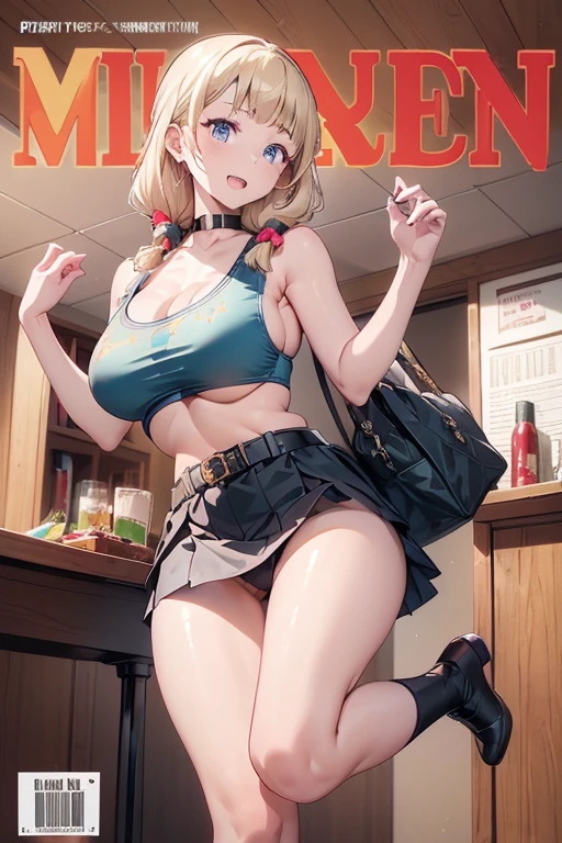 (masterpiece:1.2), (Military uniform magazine cover:1.4),best quality,PIXIV,Sweet girl , sexy posture,1girl, (perky chest:1.2), rolling upskirt by wind:1.6, (with sparkling eyes and a contagious smile),open mouth, (pointed chest:1.2),fishnets, black hair, boots, long hair, black nails, skirt, shirt, black footwear, bag, black skirt, jewelry, jacket,  thigh strap, bangs, necktie, earrings, nail polish, multicolored hair, looking at viewer, full body, bottle, own hands together, belt, jacket on shoulders, food, cats on head, ring, choker, english text, collared shirt, blue eyes, hat, lace-up boots ,masterpiece、highest quality、Very detailed、An illustration、Beautiful fine details、One Girl、cute、Detailed landscape、Training Room Background:1.4、Platinum Blonde Hair、Braided Ponytail、Red camisole、((c cup breasts, Tank top showing underboob:1.4))
