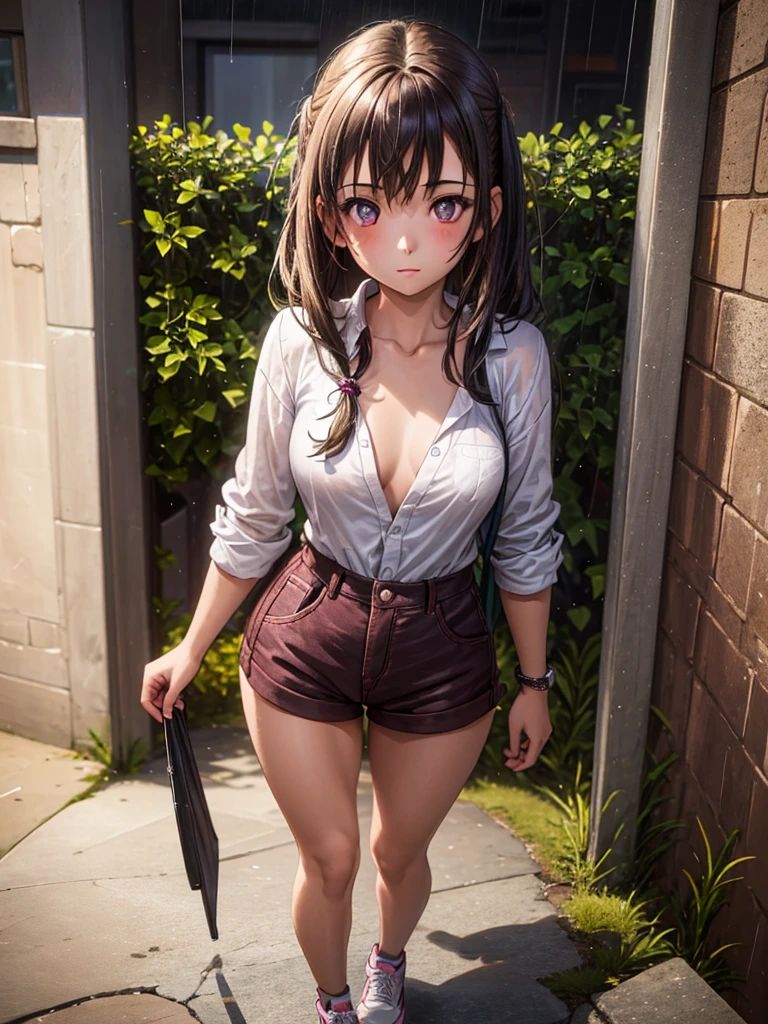 Girl, short tight shorts , Unbuttoned shirt on a naked body, Bare breasts, chest visible, street  background, Narrow passage between houses, night, rain, slim body, In full growth, Sneakers,