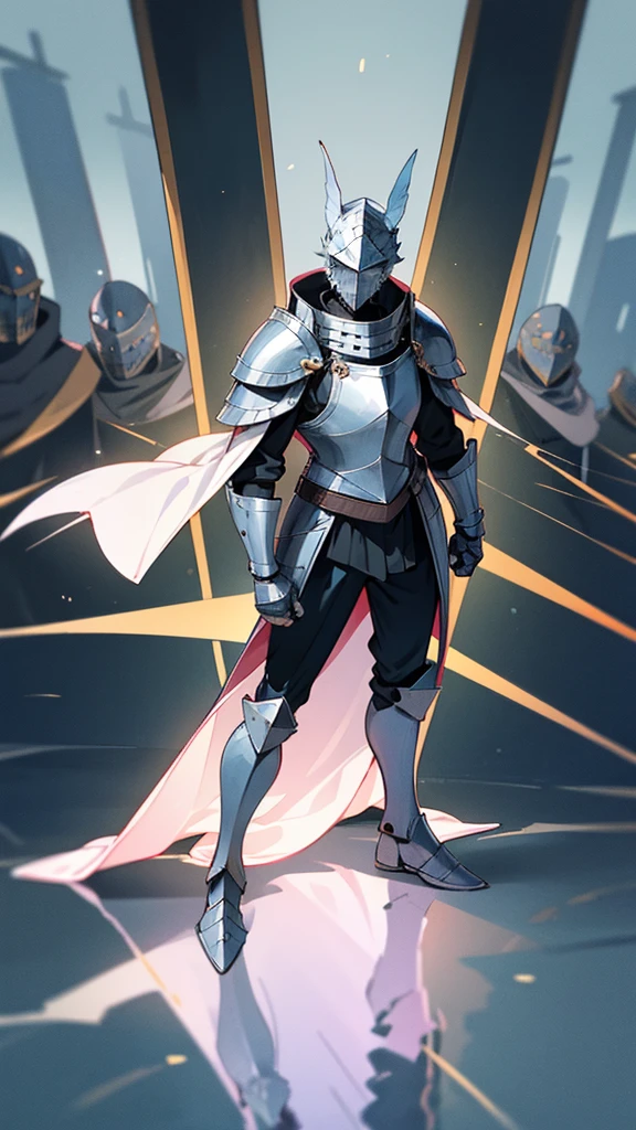 Male, wearing knight armor and full-face knight helmet, face covered by helmet, standing at attention, hands at sides, fully in frame, full body shot, facing viewer, lone figure, sole person, Fairy Tail, Fairy Tail style