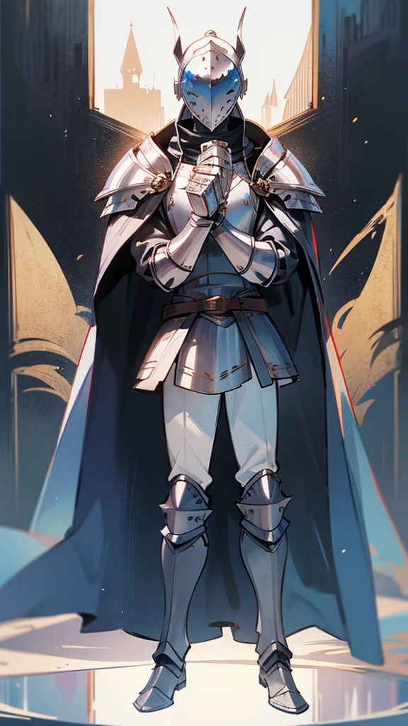 Male, wearing knight armor and full-face knight helmet, face covered by helmet, standing at attention, hands at sides, fully in frame, full body shot, facing viewer, lone figure, sole person, Fairy Tail, Fairy Tail style
