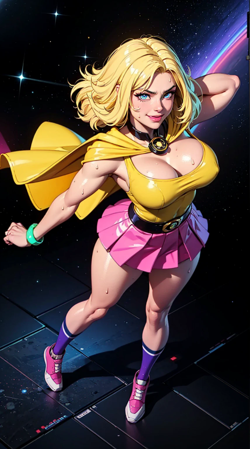 Digital painting of a woman with royal blue and yellow hair, super hero, muscle girl, pose, fist up, ((from above)), 1knee up, Behance Contest Winner, Afrofuturism, Synthwave, neon, glowing neon, sagging massive breasts, mini skirt, cape, sweat, glossy silky skin, smile,  in space, 