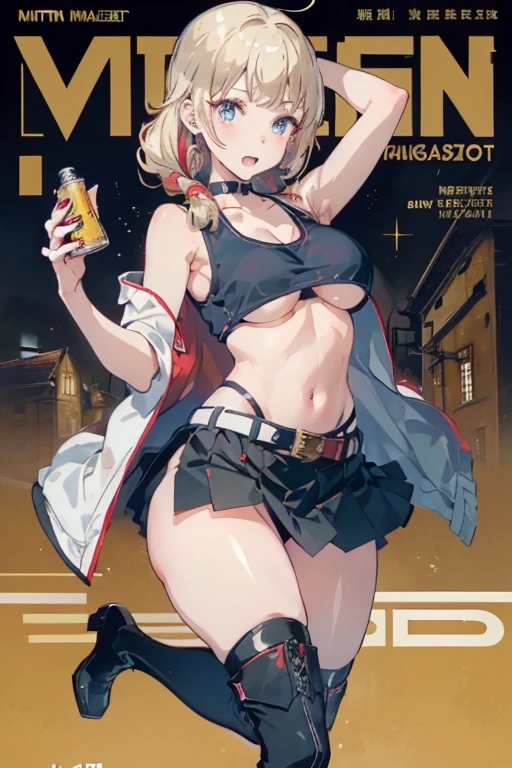 (masterpiece:1.2), (Military uniform magazine cover:1.4),best quality,PIXIV,Sweet girl , sexy posture,1girl, (perky chest:1.2), rolling upskirt by wind:1.6, (with sparkling eyes and a contagious smile),open mouth, (pointed chest:1.2),fishnets, black hair, boots, long hair, black nails, skirt, shirt, black footwear, bag, black skirt, jewelry, jacket,  thigh strap, bangs, necktie, earrings, nail polish, multicolored hair, looking at viewer, full body, bottle, own hands together, belt, jacket on shoulders, food, cats on head, ring, choker, english text, collared shirt, blue eyes, hat, lace-up boots ,masterpiece、highest quality、Very detailed、An illustration、Beautiful fine details、One Girl、cute、Detailed landscape、Training Room Background:1.4、Platinum Blonde Hair、Braided Ponytail、Red camisole、((c cup breasts, Tank top showing underboob:1.4))
