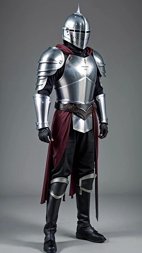 Male, wearing knight armor and full-face knight helmet, face covered by helmet, standing at attention, hands at sides, fully in frame, full body shot, facing viewer, lone figure, sole person, Fairy Tail, Fairy Tail style