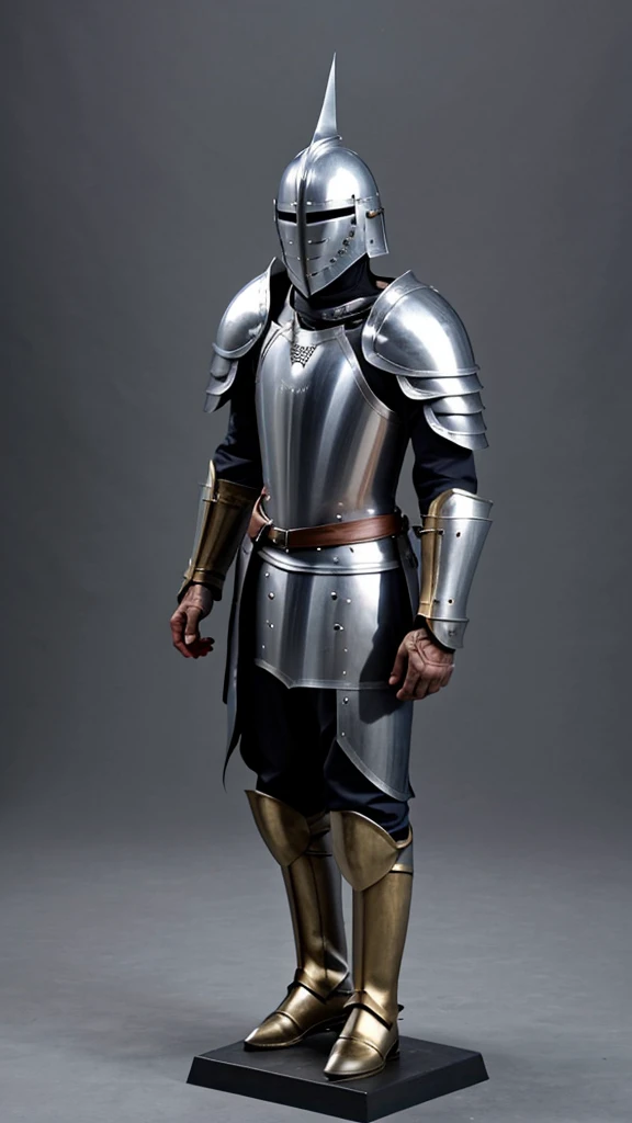 Male, wearing knight armor and full-face knight helmet, face covered by helmet, standing at attention, hands at sides, fully in frame, full body shot, facing viewer, lone figure, sole person, Fairy Tail, Fairy Tail style