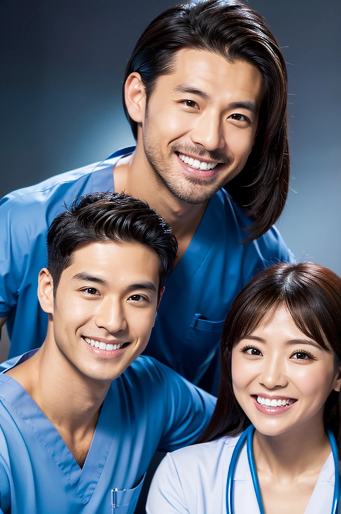 Male dentist and female dental hygienist　２people　A good business partner　日本people　Handsome Men and Beautiful Women　　Upper body close-up　high resolution　high resolution　Highest quality　smile　　Wearing navy blue scrubs