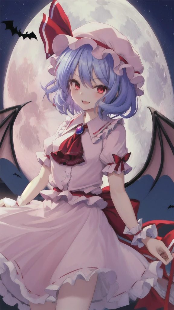 best quality, masterpiece, highres, solo, {remilia_scarlet_touhou:1.15}, red_eyes, short_hair, bat_wings, wings, ribbon, hat, blue_hair, mob_cap, hair_between_eyes, hat_ribbon, bangs, smile, upper_body, red_ribbon, 1girl, full_moon, looking_at_viewer, moon, night, outdoors, pink_headwear, puffy_short_sleeves, puffy_sleeves, red_moon, shirt, short_sleeves, sky, ascot, frilled_shirt_collar, frills, night_sky, open_mouth, pink_skirt, purple_hair, red_ascot, skirt, wrist_cuffs, bow, cloud, pink_dress, red_bow