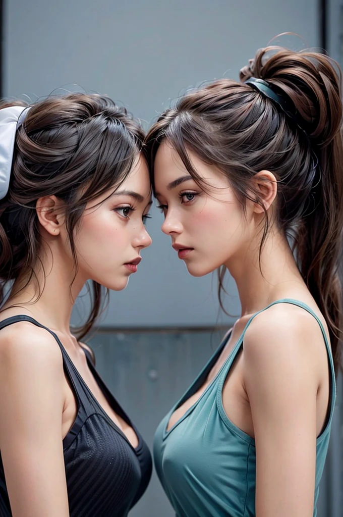 Two women in profile position, seeing each other face to face, with boxing gloves and angry