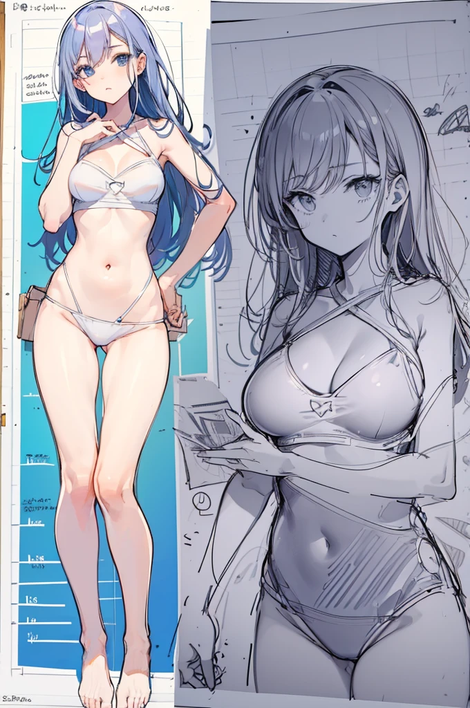 swimsuit, multiple views, pencil sketch, (sketch:1.25), best quality, Line draft, highres, (ultra-detailed:1.1), (illustration:1.1), (infographic:1.2), (solo), perfectly drawn hands, standing, cohesive background, paper, action, (character design:1.1),