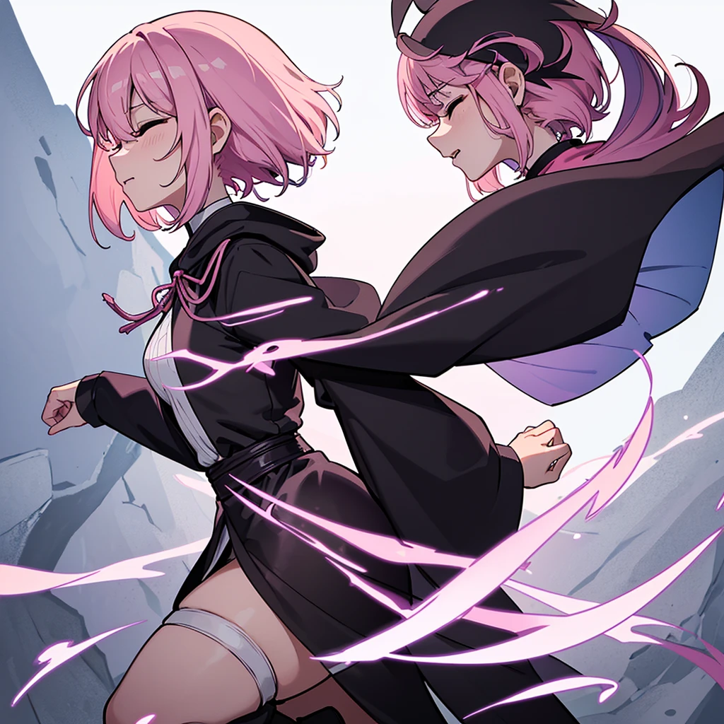 Best illustrations、Best Quality、(Solo、23 years old)、(The same face:1.1),Medieval Fantasy、Magic wand,(White Background)、(Pink Hair、Very Short Hair、Align your bangs)、(Black hood、Long sleeve、Black Robe、pants、Knee-high boots)、(From the side、profile)、Run、(Close your eyes、Close your eyes)、Cowboy Shot