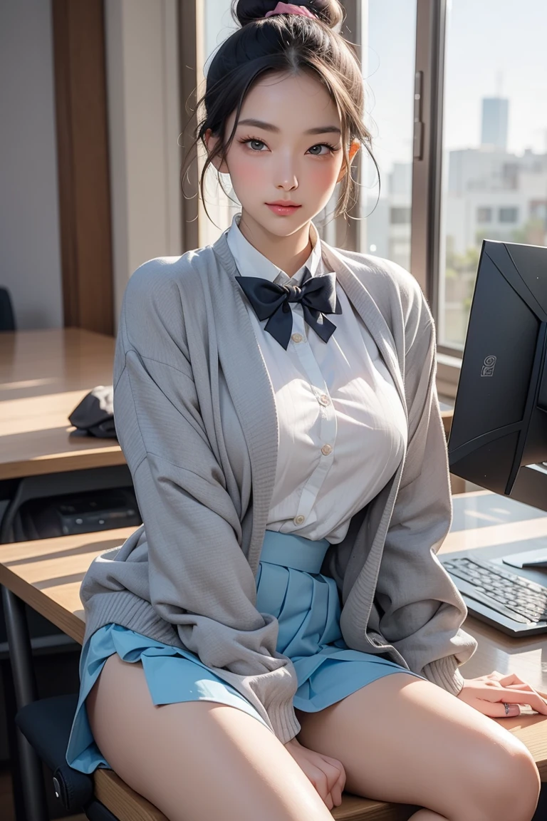 A masterpiece in every detail, Highest quality, 1 female, Age 25, 170cm, reception, Model Body, Perfect body, Big Breasts, Extraordinary beauty, Smooth textured hair, Sagging in the front, single hair bun, bangs,Two-tone mesh, Realistic eyes, Big Eyes,superior look, Unclear, Mouth closed, Blushing, shy, Pink bow tie, , blue Jacket, Jacket, skirt, gray pleated skirt, Dress shirt, White shirt , Black socks, Sitting, office, hair ornaments, stare, Fine and beautiful eyes, (Wearing light blue panties), Professional Effects,