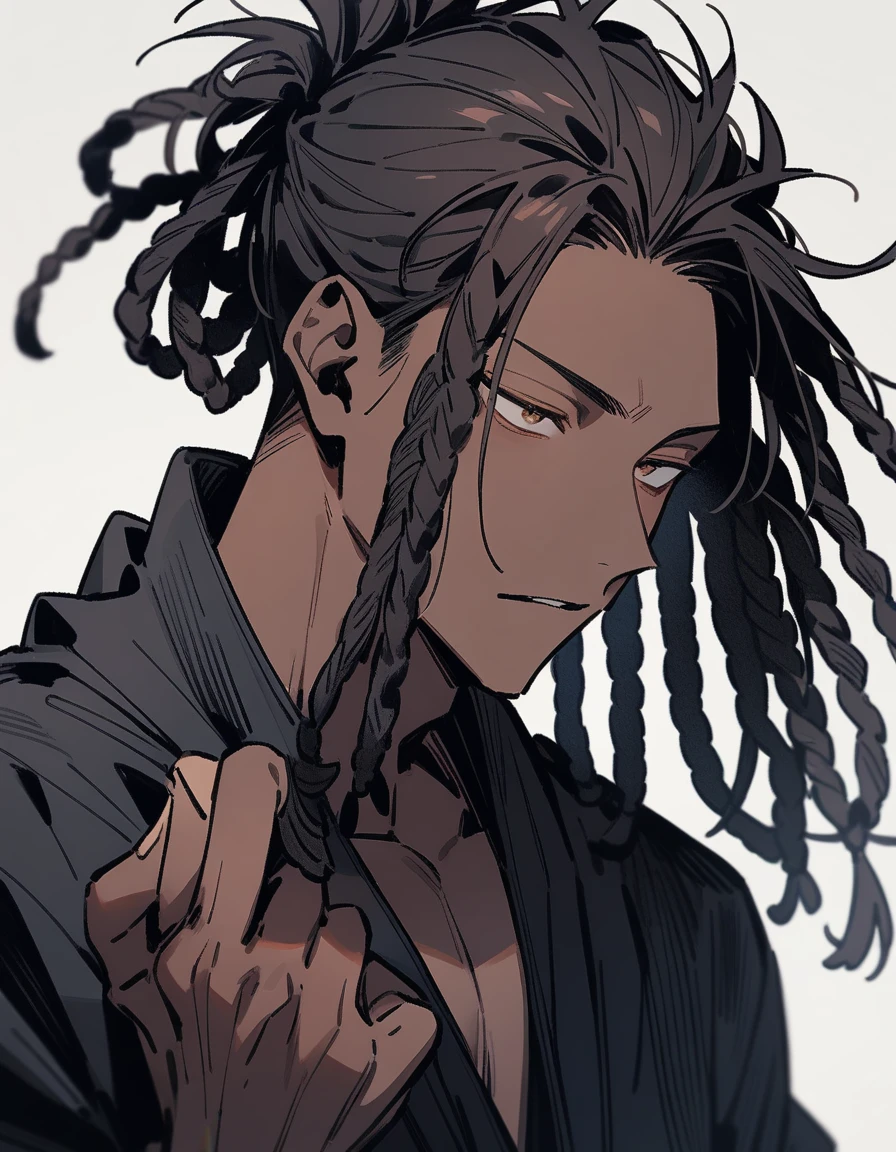 (1boy,jujutsu kaisen) solo, blunt in hand, black jacket with black fur (brown skin color), messy look, black hair, ((dreadlock hairstyle)), brown eyes, masterpiece, best quality, high quality, upper body, male focus, eye bags