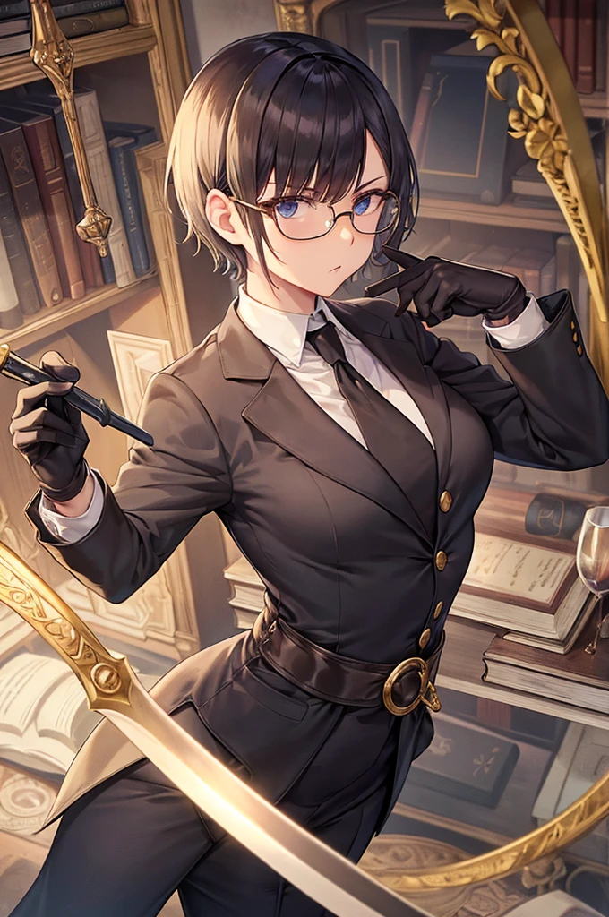 books lying around, cream hair, tall, square glasses, black turtleneck, a beige color two-button blazer, dark navy-blue pants, and a pair black gloves, looking at viewer, slightly short hair, female, slim, stern expression, short sword with a metal handle wrapped in leather bindings on her waist, standing, hand on waist