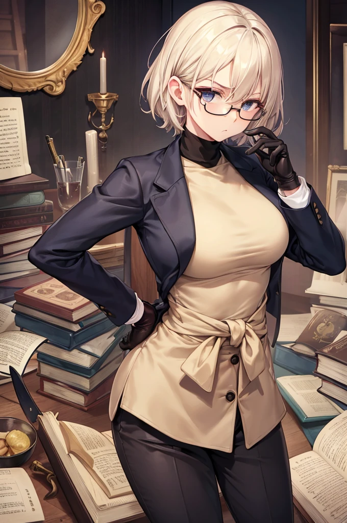 books lying around, cream hair, tall, square glasses, black turtleneck, a beige color two-button blazer, dark navy-blue pants, and a pair black gloves, looking at viewer, slightly short hair, female, slim, stern expression, short sword with a metal handle wrapped in leather bindings on her waist, standing, hand on waist
