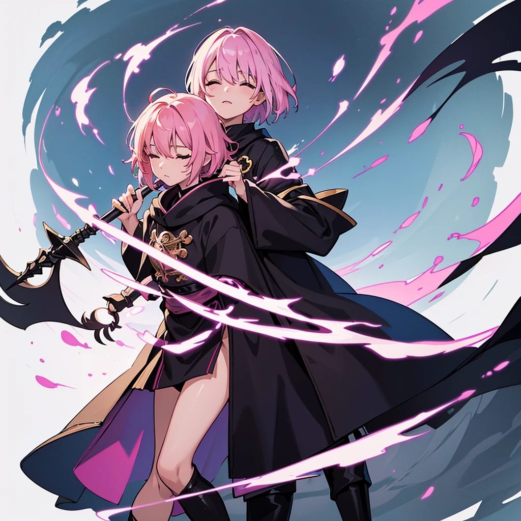 (Full body character concept)、Best illustrations、Best Quality、(Solo、23 years old)、(The same face:1.1),Medieval Fantasy、Magic wand,(White Background)、(Pink Hair、Very Short Hair、Align your bangs)、(Black hood、Long sleeve、Black Robe、pants、Knee-high boots)、(From below)、Run、(Close your eyes、Close your eyes)、Cowboy Shot