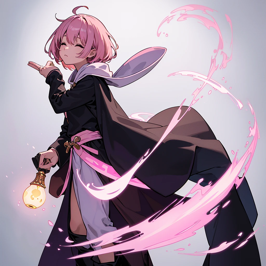 (Full body character concept)、Best illustrations、Best Quality、(Solo、23 years old)、(The same face:1.1),Medieval Fantasy、Magic wand,(White Background)、(Pink Hair、Very Short Hair、Align your bangs)、(Black hood、Long sleeve、Black Robe、pants、Knee-high boots)、(From below)、Run、(Close your eyes、Close your eyes)、Cowboy Shot