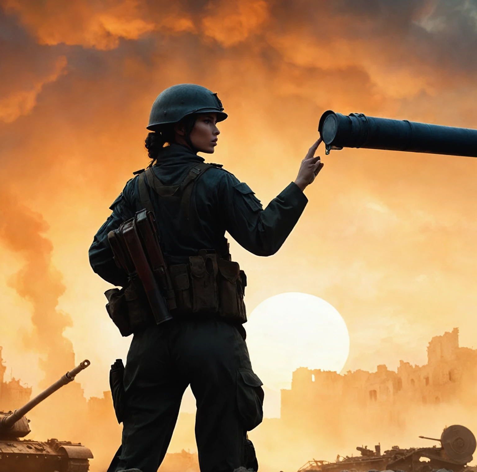 (A female soldier raised her hand to touch something,Background is the ruins of the city,Under the sunset:1.5)painting masterpiece, Extremely detailed, Black White Dark Steel Dark Blue Black Light Brown Dark Brown White Light Orange Dark Red Dark Green, Dramatic Lighting, evening, High contrast, steam, FOG, Israeli soldiers fighting with tanks on the battlefield, Movie Lighting, Aspect ratio of 16:9, steam, 4K, professional ominous Concept Art, author:artgerm and greg rutkowski, complex, elegant, Highly detailed digital painting, Concept Art, Smooth, Clear focus, illustration, Simon Starenhagen's style, Wayne Barlow, 和 igor kieryluk., Acrylic painting, Popular in pixiv Fan Box, Palette knife and brush strokes, Makoto Shinkai's styleJamie WiseJames GirardEdward HopperGreg RutkowskiStudio GhibliGenshin Impact