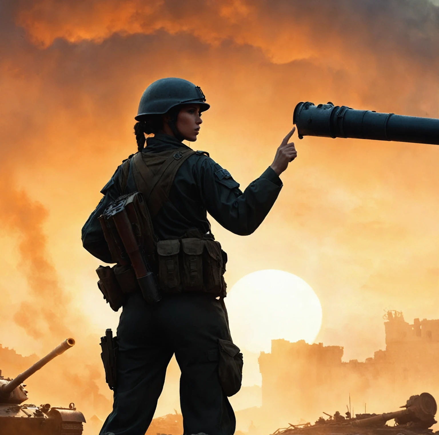 (A female soldier raised her hand to touch something,Background is the ruins of the city,Under the sunset:1.5)painting masterpiece, Extremely detailed, Black White Dark Steel Dark Blue Black Light Brown Dark Brown White Light Orange Dark Red Dark Green, Dramatic Lighting, evening, High contrast, steam, FOG, Israeli soldiers fighting with tanks on the battlefield, Movie Lighting, Aspect ratio of 16:9, steam, 4K, professional ominous Concept Art, author:artgerm and greg rutkowski, complex, elegant, Highly detailed digital painting, Concept Art, Smooth, Clear focus, illustration, Simon Starenhagen's style, Wayne Barlow, 和 igor kieryluk., Acrylic painting, Popular in pixiv Fan Box, Palette knife and brush strokes, Makoto Shinkai's styleJamie WiseJames GirardEdward HopperGreg RutkowskiStudio GhibliGenshin Impact