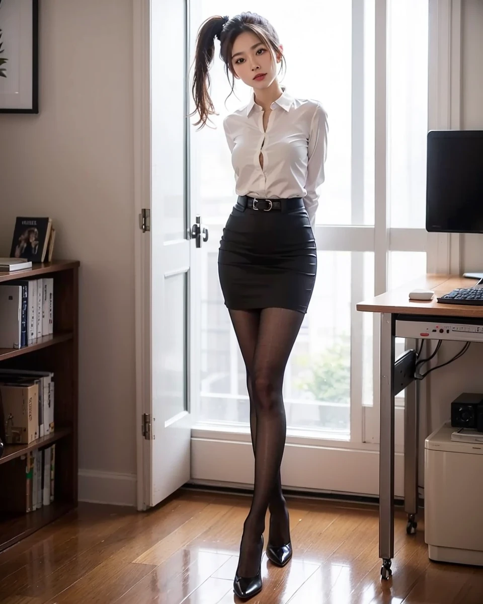 Beautiful Japanese waifu, early 30s, brunette hair, white blouse, black pencil skirt
