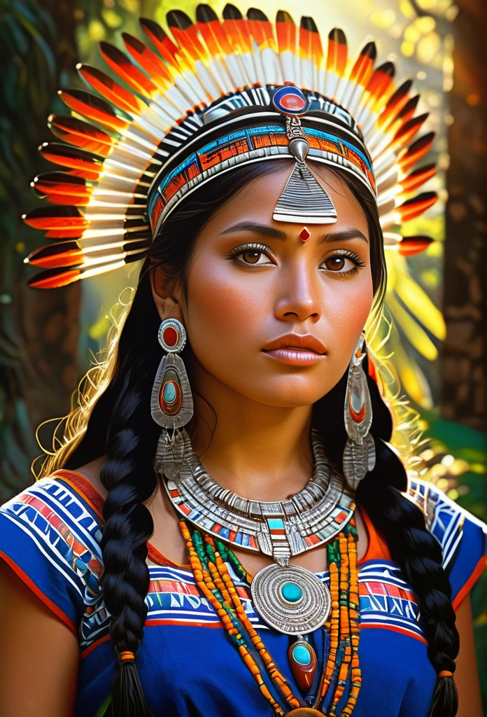 ancient aztec, lifelike, authentic, realistic, beautiful woman, accurate depiction, portraits, oil painting, detailed eyes and lips, traditional attire, ornate jewelry, intricate patterns, vibrant colors, sunlight streaming through the trees, mystical atmosphere. (best quality, highres, ultra-detailed), (portraits:1.1), (realistic:1.37), vivid colors, warm color tones, soft and natural lighting.