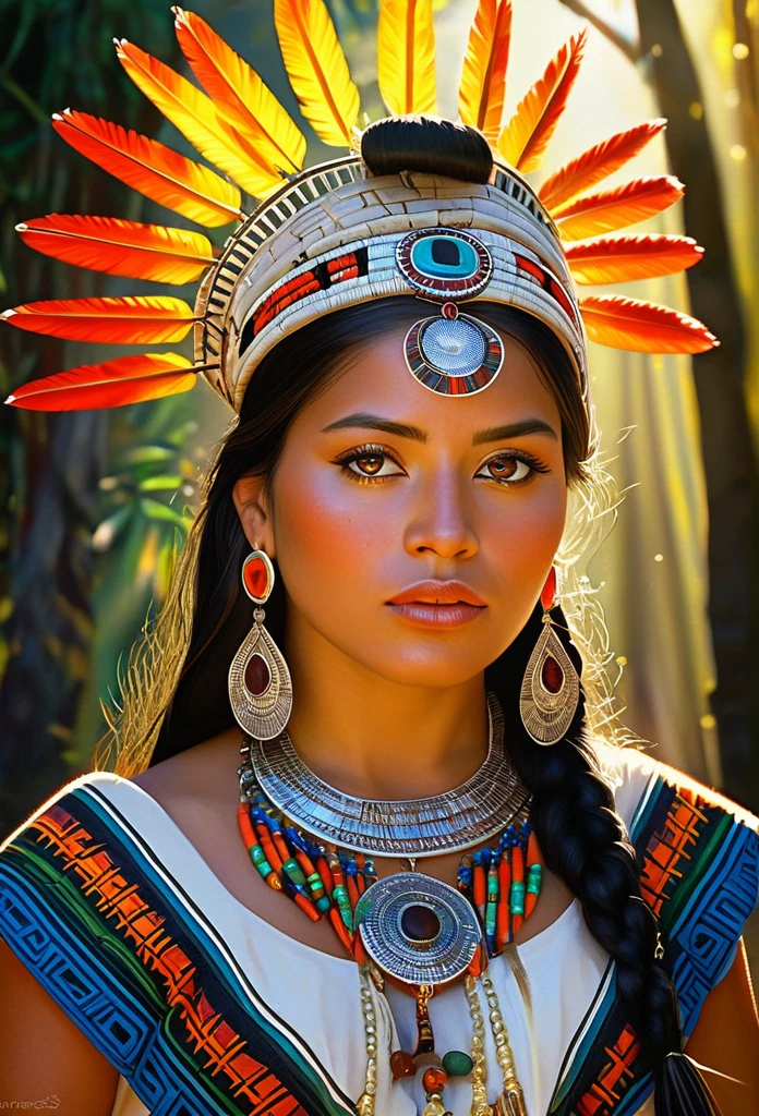 ancient aztec, lifelike, authentic, realistic, beautiful woman, accurate depiction, portraits, oil painting, detailed eyes and lips, traditional attire, ornate jewelry, intricate patterns, vibrant colors, sunlight streaming through the trees, mystical atmosphere. (best quality, highres, ultra-detailed), (portraits:1.1), (realistic:1.37), vivid colors, warm color tones, soft and natural lighting.