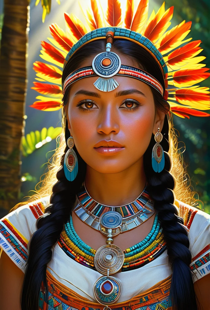 ancient aztec, lifelike, authentic, realistic, beautiful woman, accurate depiction, portraits, oil painting, detailed eyes and lips, traditional attire, ornate jewelry, intricate patterns, vibrant colors, sunlight streaming through the trees, mystical atmosphere. (best quality, highres, ultra-detailed), (portraits:1.1), (realistic:1.37), vivid colors, warm color tones, soft and natural lighting.