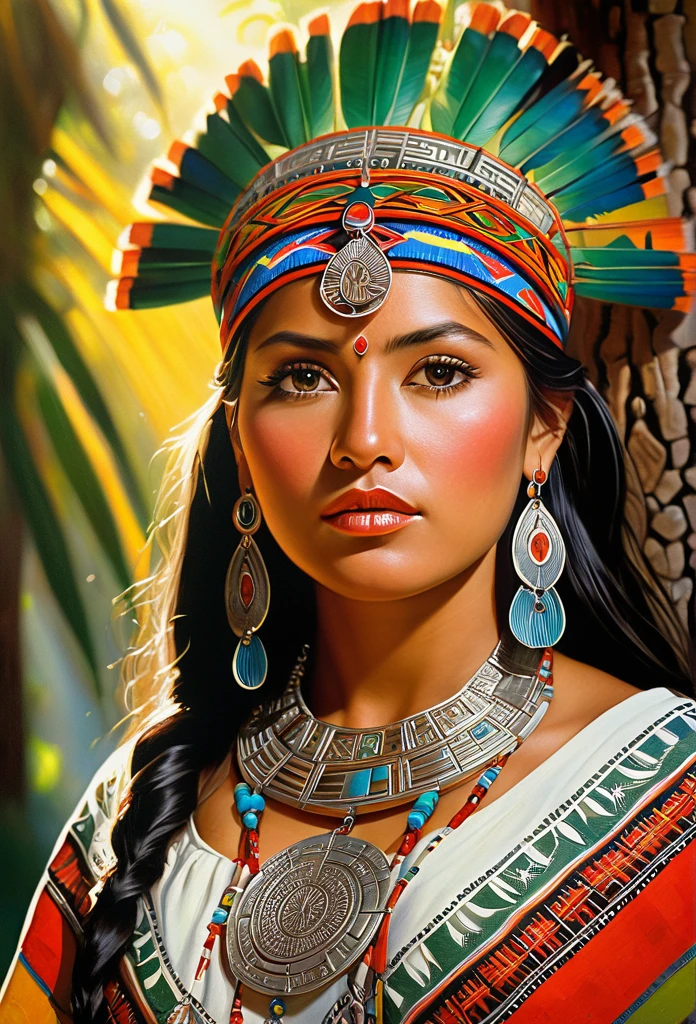 ancient aztec, lifelike, authentic, realistic, beautiful woman, accurate depiction, portraits, oil painting, detailed eyes and lips, traditional attire, ornate jewelry, intricate patterns, vibrant colors, sunlight streaming through the trees, mystical atmosphere. (best quality, highres, ultra-detailed), (portraits:1.1), (realistic:1.37), vivid colors, warm color tones, soft and natural lighting.
