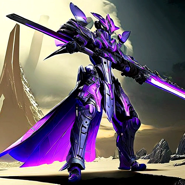 (masterpiece, top quality, best quality, official art, Beautiful and beautiful:1.2),(8K, best quality, masterpiece:1.2),CG神swordsw, arms, armor, alone, Keep, trumpet, luminescent, sword, 1 Boy, Keep arms, planted, Male focus, luminescent arms, Permanent, helmet, Gloves, Keep sword,   噪音指數56  luminescent sword, planted sword, shoulder armor, slope, slope background, Oil residue, Scapula, (Purple Light:1.3),    Mecha shell blend「Mecha Weapon ( warframe)   Also has titanium metal texture」 titanium prompt: sleek and modern desigh shoarp， ar 16:9 --v 5.1   輻射渲染  辛浣渲染  寶藍色的arms、Indigo shell group fake