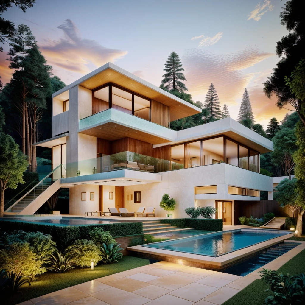 THE 70s MODERN HOUSE located on the upper hill, best quality, detailing, ((curly road street in front of the house)), wooden ceiling, in the middle Fall, ((garden's lighting)), pathway with lighting, after rain, (((A small rectangle swimming pool at the ground floor; under the house))), ((in the pine forest)), (DARK SUNSET)