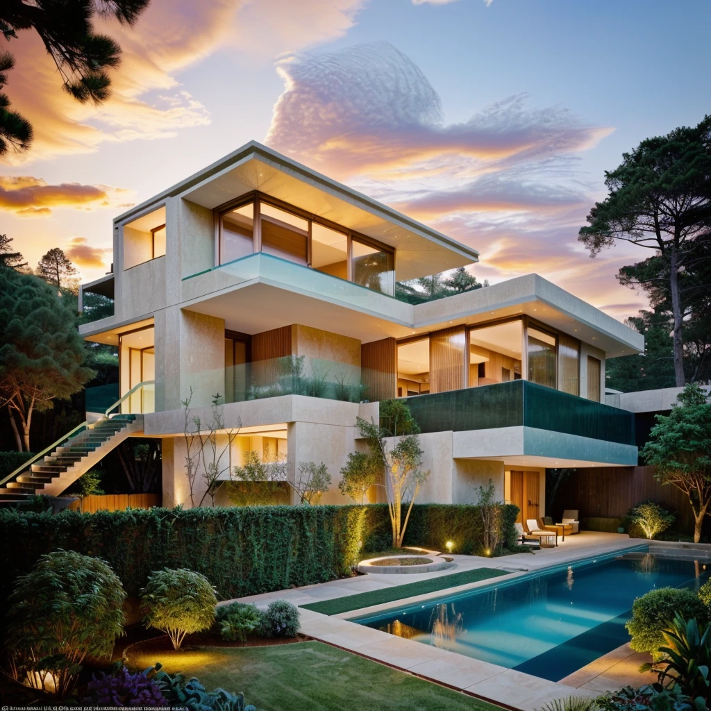 THE 70s MODERN HOUSE located on the upper hill, best quality, detailing, ((curly road street in front of the house)), wooden ceiling, in the middle Fall, ((garden's lighting)), pathway with lighting, after rain, (((A small rectangle swimming pool at the ground floor; under the house))), ((in the pine forest)), (DARK SUNSET)