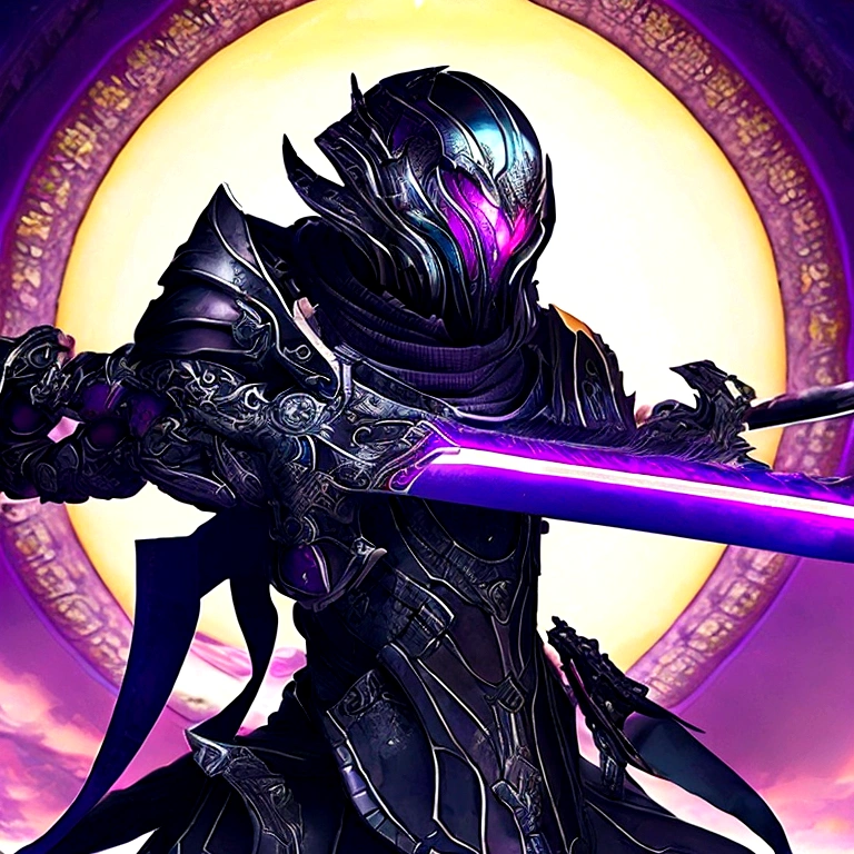 (masterpiece, top quality, best quality, official art, Beautiful and beautiful:1.2),(8K, best quality, masterpiece:1.2),CG神swordsw, arms, armor, alone, Keep, trumpet, luminescent, sword, 1 Boy, Keep arms, planted, Male focus, luminescent arms, Permanent, helmet, Gloves, Keep sword, 噪音指數56 luminescent sword, planted sword, shoulder armor, slope, slope background, Oil residue, Scapula, (Purple Light:1.3), Mecha shell blend「Mecha Weapon ( warframe) Also has titanium metal texture」 titanium prompt: sleek and modern desigh shoarp， ar 16:9 --v 5.1 輻射渲染 辛浣渲染 寶藍色的arms、Indigo shell