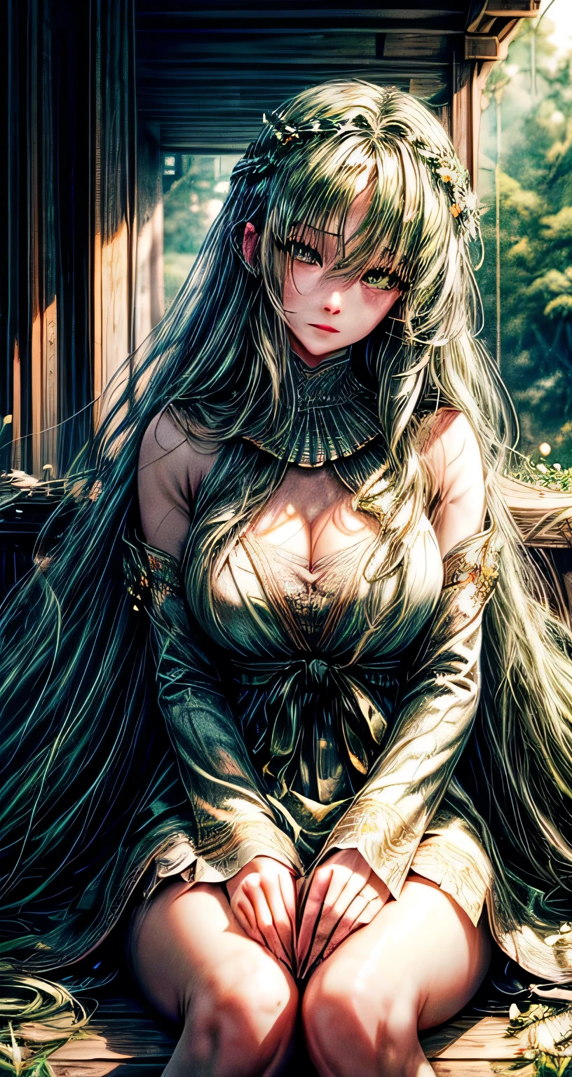 1woman, serene, sitting, (long, wavy, green hair, reaching her shoulders), fair skin, ( emerald green eyes), ((glowing_eyes)), (((ultra detailed eyes:0.8, beautiful and detailed face, detailed eyes:0.9))), ((centered)), (close up), facing viewer, (((forest, sunbeams, blooming flowers:0.9))), full breasts, looking at viewer, ((closed eyes)), ((perfect hands)), (((head:1, arms, hips in view, elbows, knees, in view))), ((hands resting on knees)), warm eyes, beautiful lighting, indoor, nature, background, (((defined subject, sitting with staff))), 35 years old, (head tilt), (((calm))), ((serene)), (((soft focus))