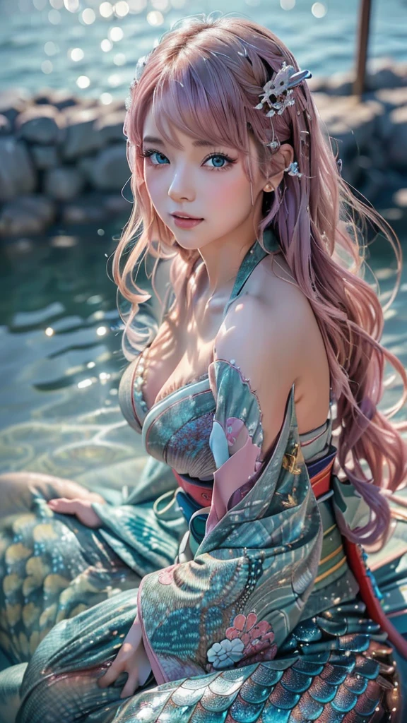 (super realistic photorealistic image:1.5), (cute and beautiful face, pink wavy hair, soft and light blue eyes that exude warmth and tenderness, tight body, covered with fish scales to emphasize her mermaid status, large and graceful fish tail in place of legs, which are also covered with scales and fused with cyberpunk electronics and tubes, elegantly dressed in a revealing kimono with traditional Japanese patterns:1.5) also covered with scales and fused with cyberpunk electronics and tubes, elegantly dressed in a revealing kimono with traditional Japanese patterns: 1.5), (she sits seductively on a rock by the sea: 1.5), and in the background, a distant neo Tokyo cityscape lit by neon lights, lighting, The colors and mood of the scene are powerful and cinematic, with the beautiful seaside scenery and the soft glow of the city lights creating a fantastic atmosphere, the design and details are ultra clear and detailed, emphasizing the mermaid-like appearance with prominent fish tail, shimmering skin scales and cyborg elements, the image is of the highest quality and ultra realistic Photographs of the highest quality